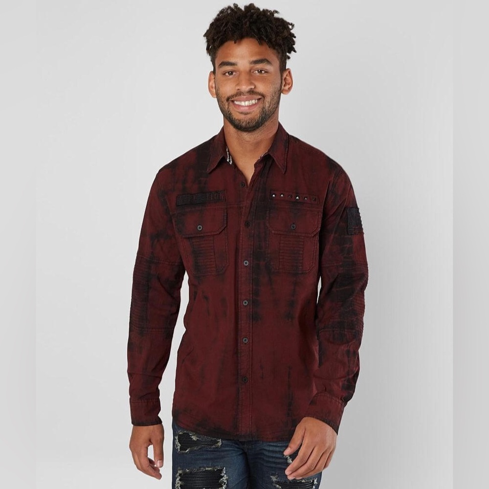 Affliction Men's Dark Red Black Tie Dye Premium Traction‎ Stretch Shirt Size XL
